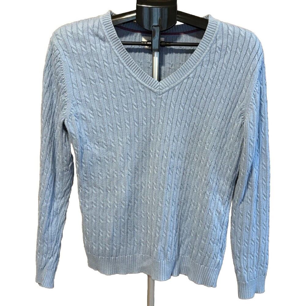 Womens Size XL Van Heusen Baby Blue Cotton Cable Knit V-Neck Pullover Sweater‎